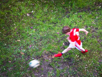 High angle view of girl on field