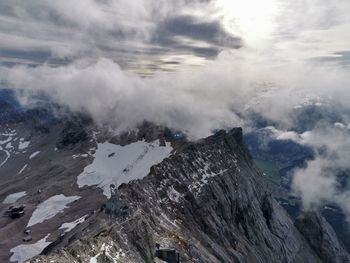 Aerial view of snowcapped mountains against sky