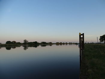 Scenic view of lake against clear sky during sunset