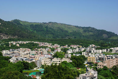 High angle view of townscape against clear sky