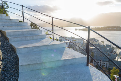 Staircase by swimming pool against sky