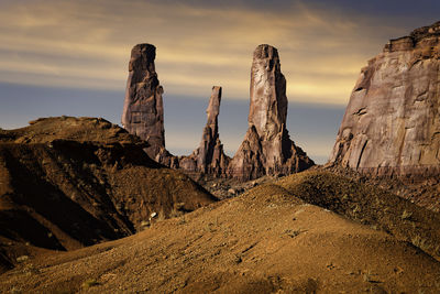 Panoramic view of rock formations against sky during sunset