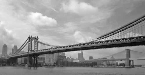 Low angle view of bridge over river against cloudy sky