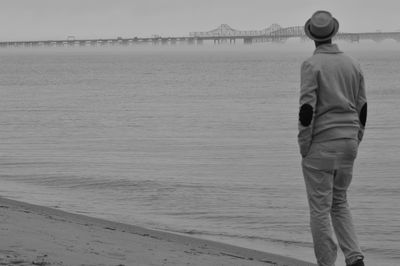 Rear view of mid adult man standing at beach against sky