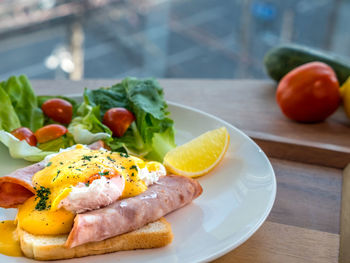 Close-up of breakfast served on table