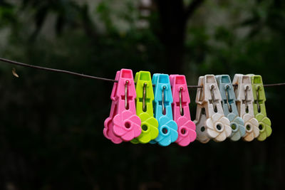 Close-up of multi colored clothespins hanging on rope