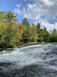 Scenic view of waterfall in forest against sky