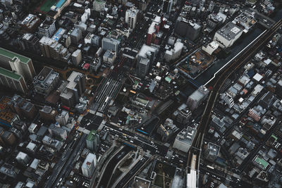 High angle view of modern buildings in city