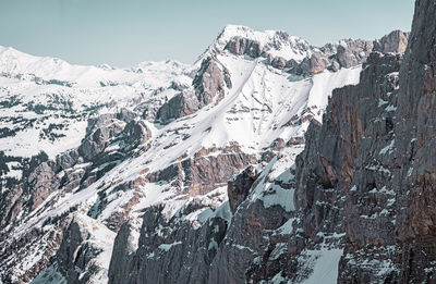 Panoramic view of snowcapped mountains against sky