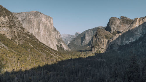 Panoramic view of rocky mountains against clear sky