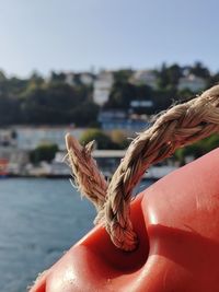 Close-up of hand holding rope against sea