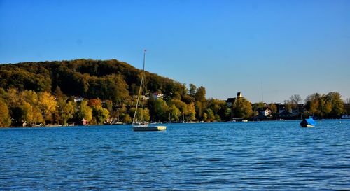 Scenic view of lake against clear blue sky