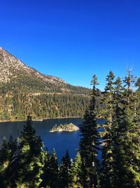 Scenic view of lake against clear blue sky