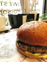 Close-up of burger on table