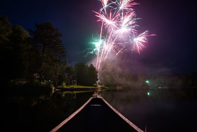 Firework display over lake against sky at night