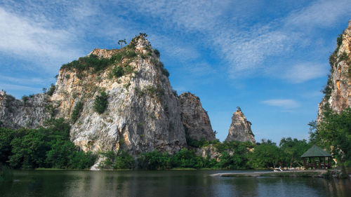 Rock formations by sea against sky