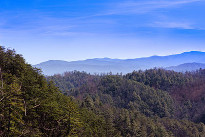 Scenic view of mountains against blue sky