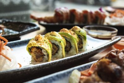 Close-up of food served on table