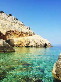 Scenic view of sea against clear blue sky