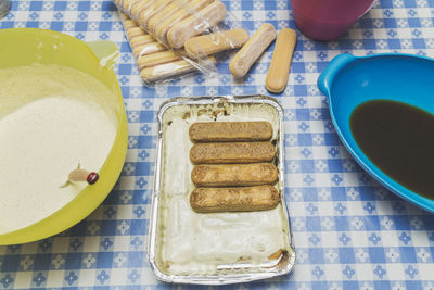 High angle view of bread in plate on table