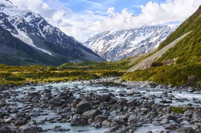 Scenic view of lake and mountains against sky