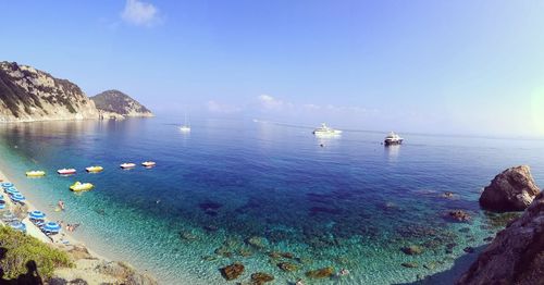 Scenic view of sea against clear blue sky