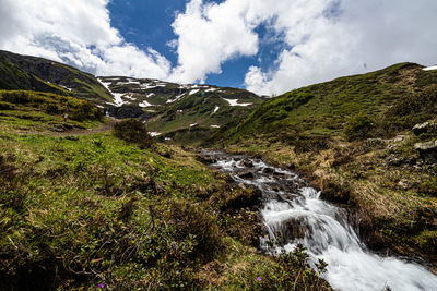 Scenic view of waterfall against sky
