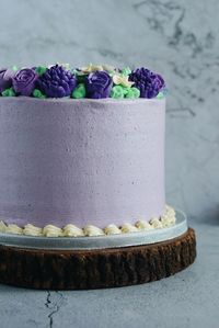 Close-up of purple cake on table