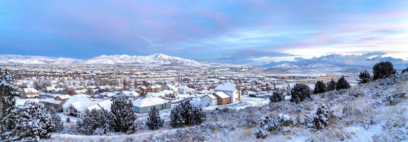 Snow covered houses against sky