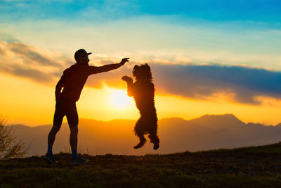 Silhouette man standing on field against sky during sunset