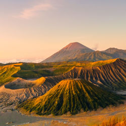 Scenic view of mountains against sky during sunset