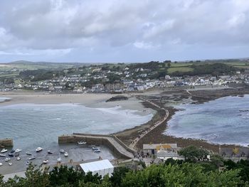 High angle view of buildings against sky