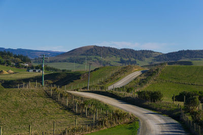 Scenic view of agricultural field against clear sky