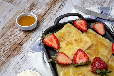 High angle view of breakfast on table