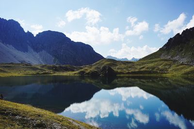 Scenic view of lake and mountains against sky