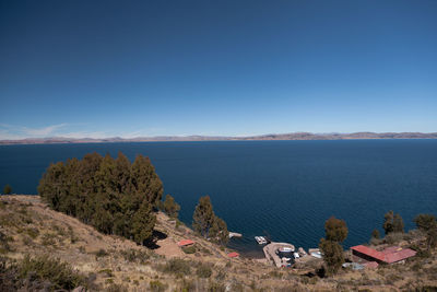 Scenic view of sea against clear blue sky