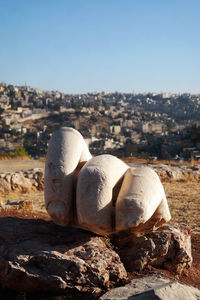 Close-up of rocks against clear sky