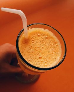 High angle view of drink on table