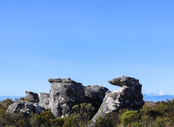 Low angle view of rocks against clear blue sky