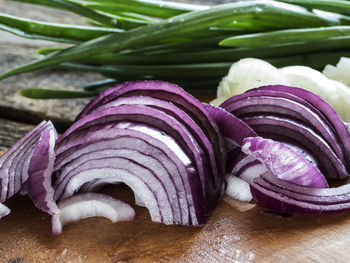 Close-up of scallions and onions on table