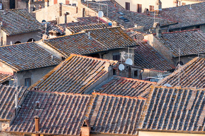 High angle view of houses and buildings in city