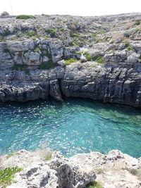 High angle view of rocks by sea