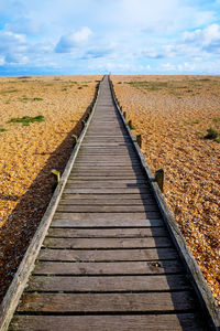 Surface level of dirt road on field against sky