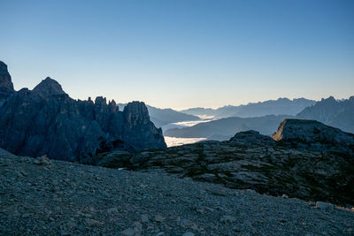 Scenic view of mountains against clear sky during sunset