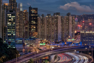 Illuminated buildings in city