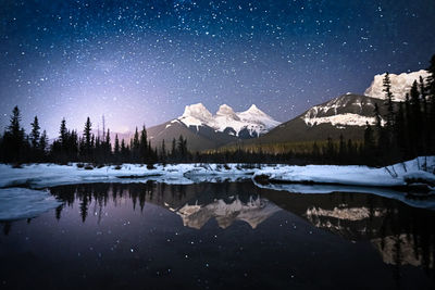 Scenic view of lake by snowcapped mountains against sky at night