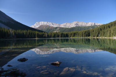 Scenic view of lake and mountains against blue sky
