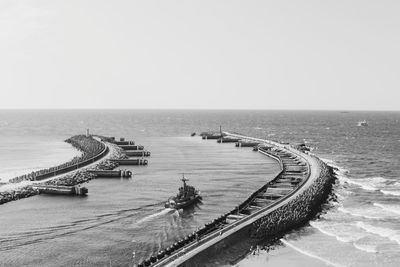High angle view of sea against clear sky