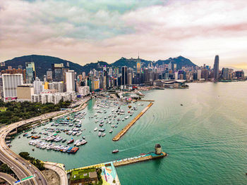 High angle view of city at waterfront