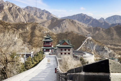 View of a building with mountain range in background